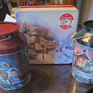 Set Of Holiday Village Tin Cookie Box with Matching Tins - Winter Scene